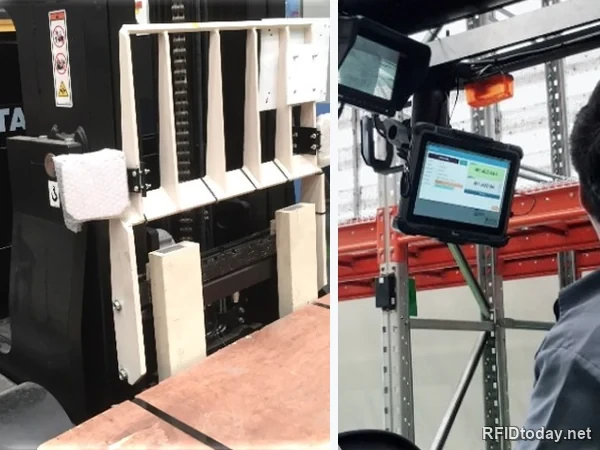 เสาอากาศ RFID ติดตั้งบนเสายกของรถ Forklift และแท็บเล็ตในห้องคนขับที่แสดงหน้าจอระบบ