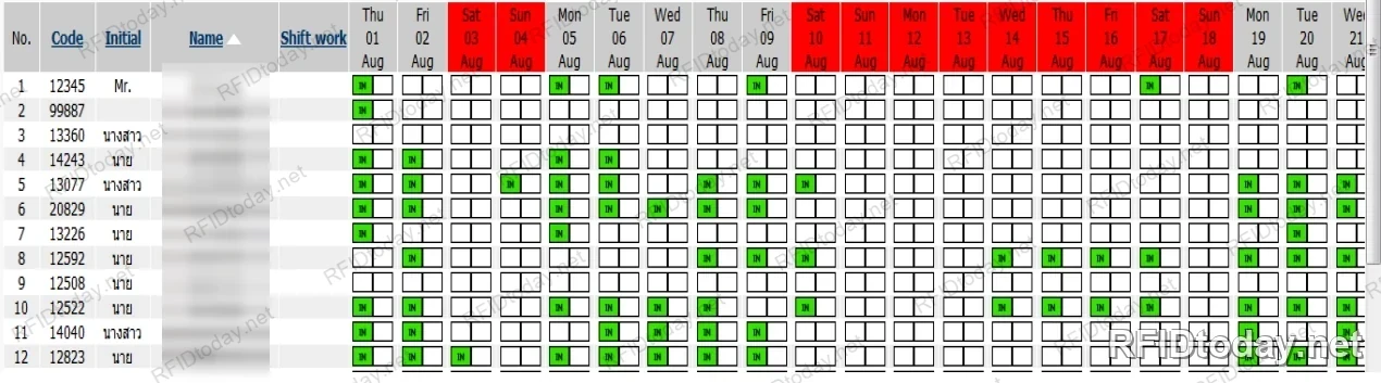 หน้าจอรายงานการเข้าออกรายเดือน แสดงรหัสพนักงานและตารางวันที่ ช่องสีเขียวคือวันที่มีการเข้า พร้อมเน้นวันหยุดเสาร์อาทิตย์ด้วยสีแดง