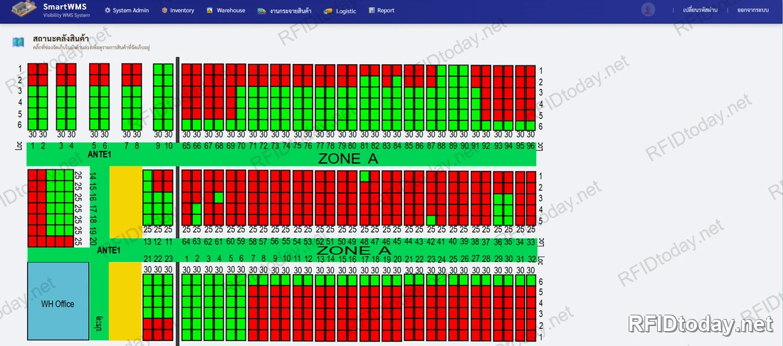 หน้าจอแผนผังสถานะคลังห้องเย็น แสดงช่องจัดเก็บเป็นตารางสีเขียวและสีแดงแยกตามโซน