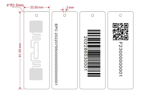 Tag ผูกถุงผ้า ขนาด 91 คูณ 33 มิลลิเมตร แสดงตำแหน่งเสาอากาศ RFID ภายใน พร้อมการพิมพ์ EPC บาร์โค้ด และ QR Code บนผิว
