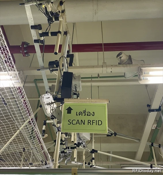 จุดสแกน RFID ที่ติดตั้งเหนือทางเดินในโรงงาน มีเสาอากาศและตู้ควบคุมยึดกับโครงท่อ พร้อมป้ายบอกทางเครื่อง SCAN RFID